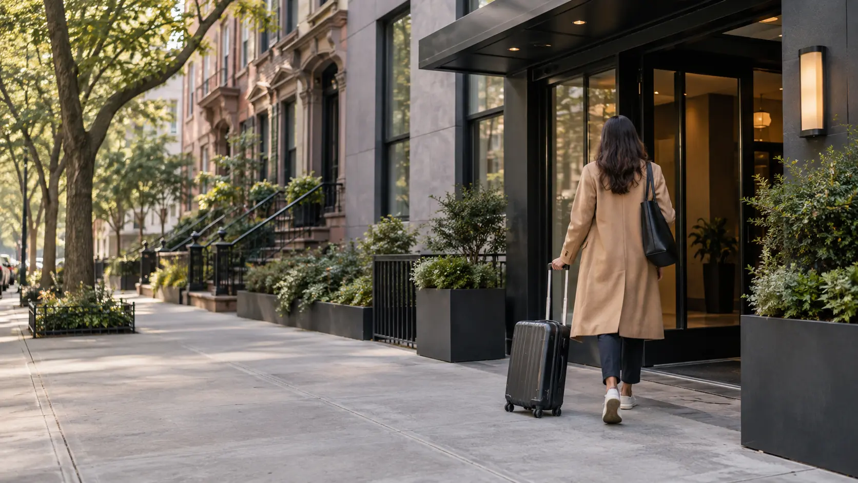 Professional traveller arriving at a Brooklyn apartment building